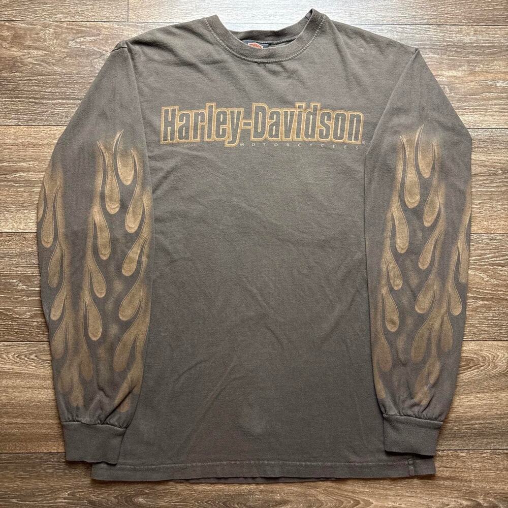 Vintage Brown Harley Davidson Pin Up Long Sleeve with Flame Design on Sleeves